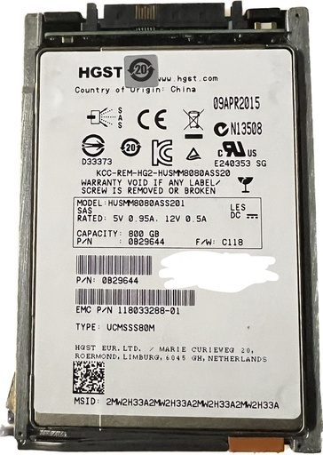 [0B29644/0B32141] SSD 2.5in SAS 800GB HGST Ultrastar 800GB 2.5" MLC NAND TCG SAS 6 or 12Gb/s SSD Model: HUSMM8080ASS201 P/N: 0B29644/0B32141 (Online) PreOwned